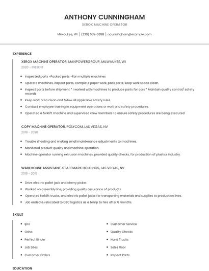 Xerox Machine Operator Resume