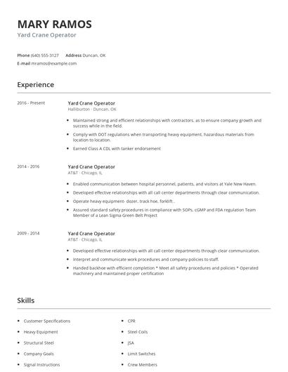 Yard Crane Operator Resume