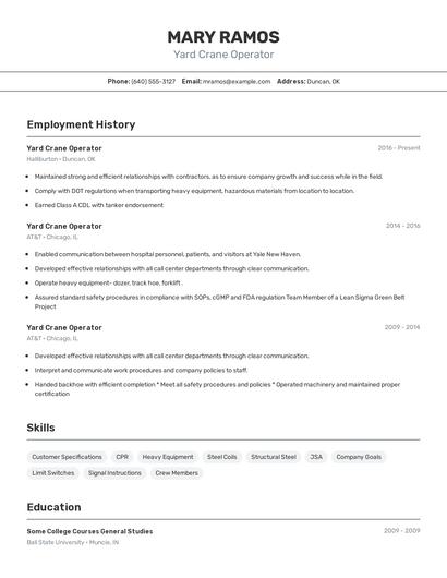 Yard Crane Operator Resume