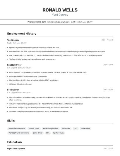 Yard Jockey Resume