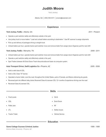 Yard Jockey Resume