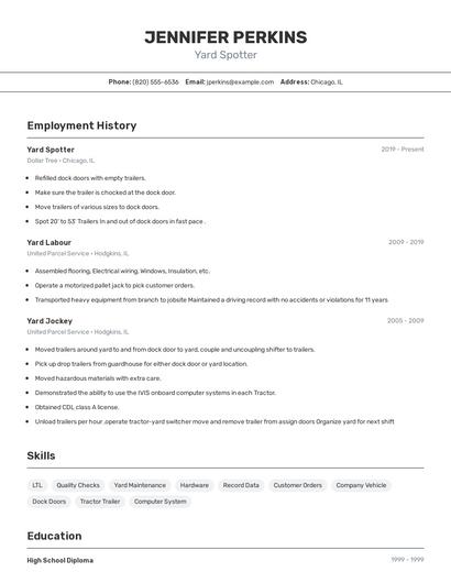 Yard Spotter Resume