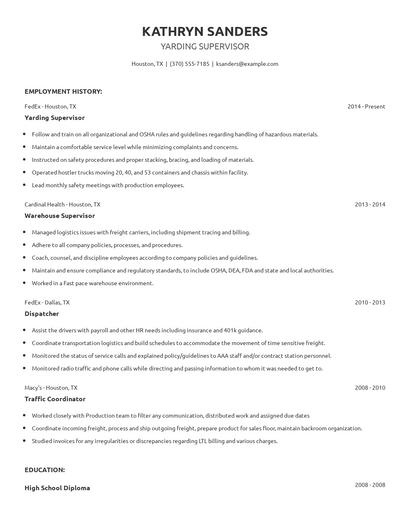 Yarding Supervisor Resume