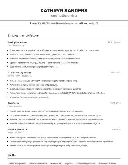 Yarding Supervisor Resume