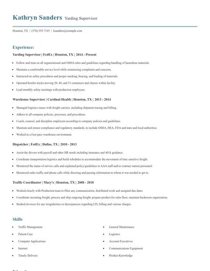 Yarding Supervisor Resume