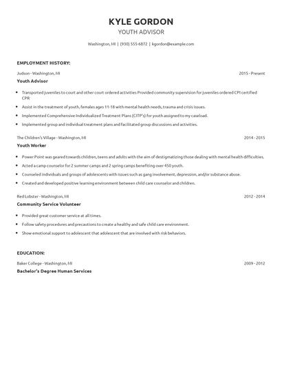 Youth Advisor Resume