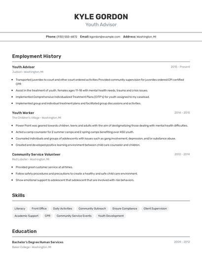 Youth Advisor Resume