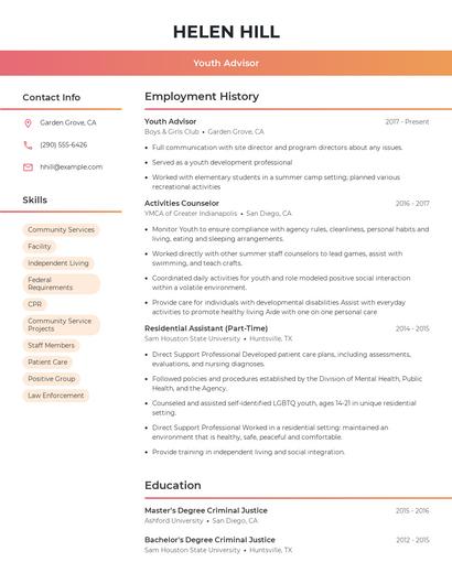 Youth Advisor Resume