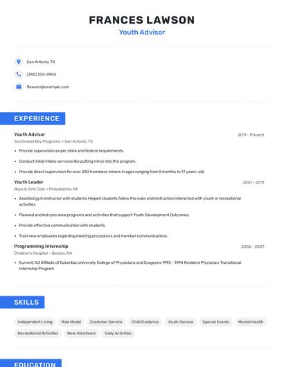 Youth Advisor Resume