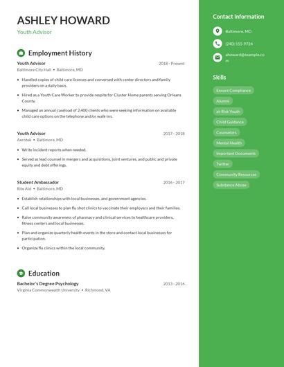 Youth Advisor Resume