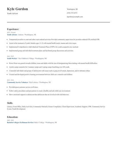 Youth Advisor Resume