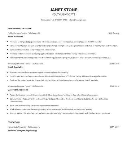 Youth Advocate Resume
