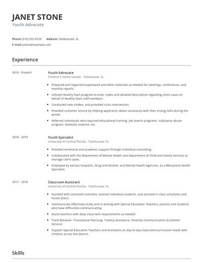 Youth Advocate Resume