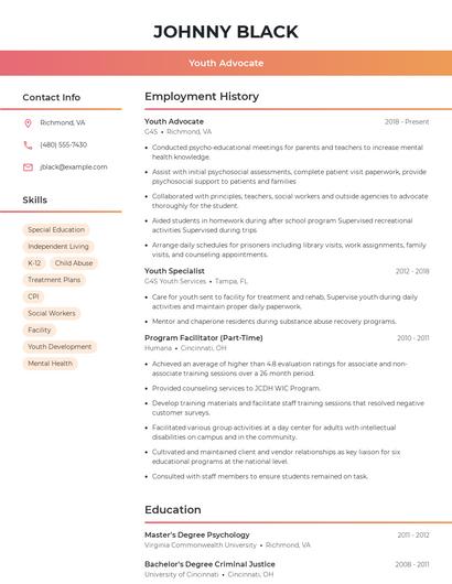 Youth Advocate Resume