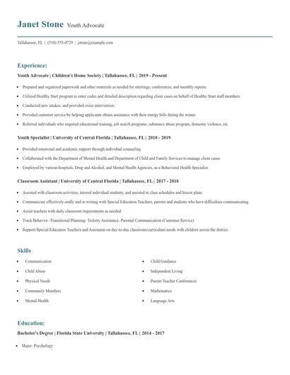 Youth Advocate Resume