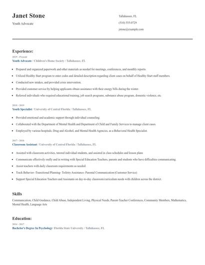 Youth Advocate Resume