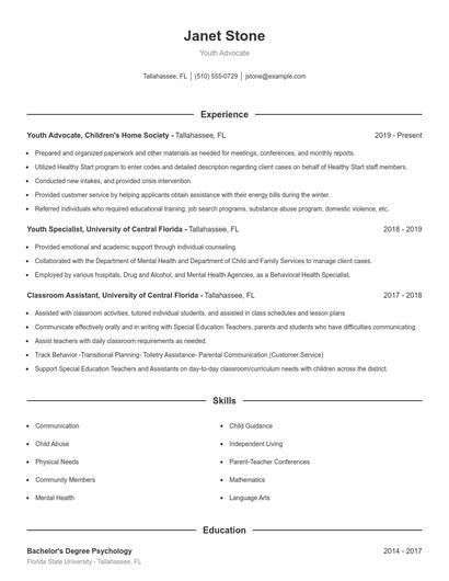 Youth Advocate Resume