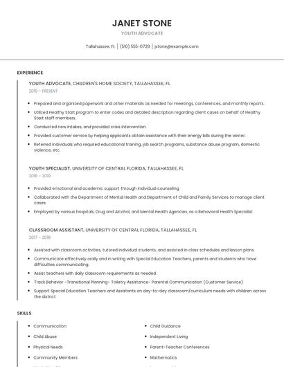 Youth Advocate Resume