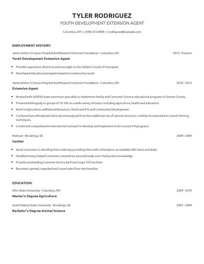 Youth Development Extension Agent Resume
