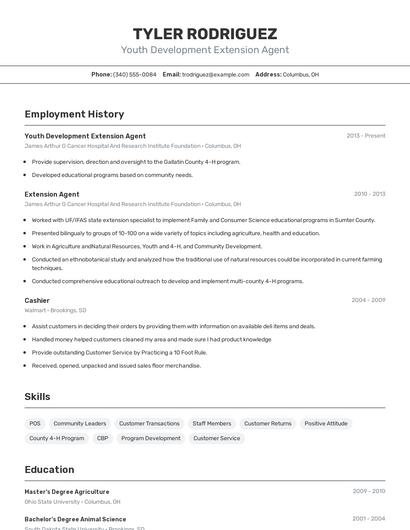 Youth Development Extension Agent Resume