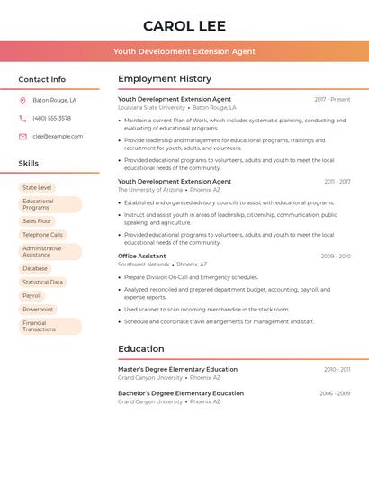 Youth Development Extension Agent Resume