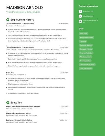 Youth Development Extension Agent Resume
