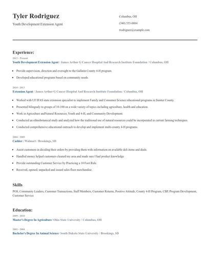 Youth Development Extension Agent Resume