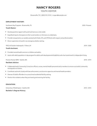 Youth Mentor Resume