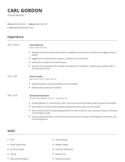 Youth Mentor Resume