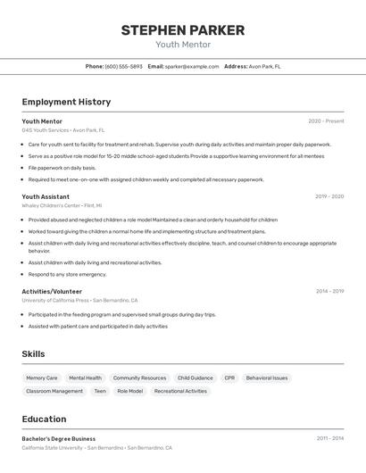 Youth Mentor Resume