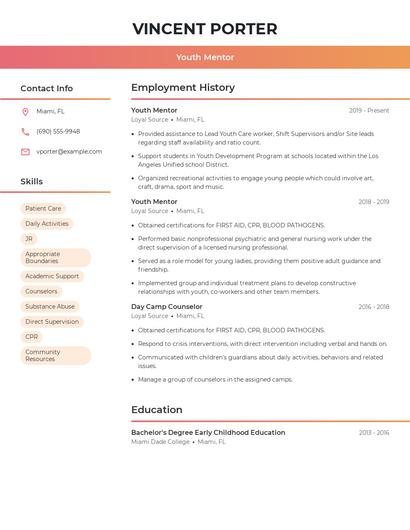 Youth Mentor Resume