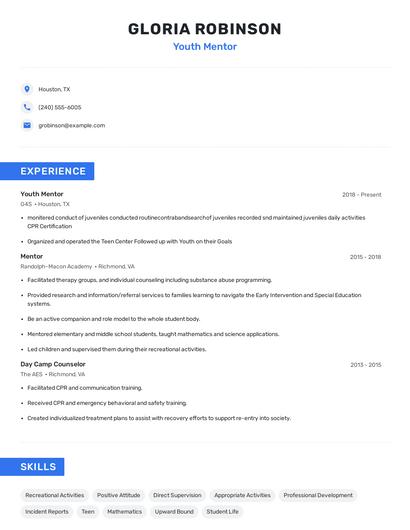 Youth Mentor Resume