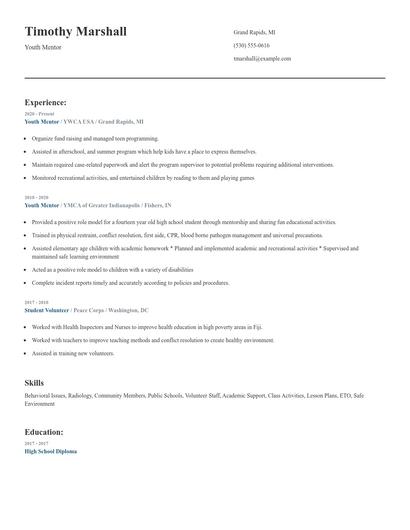 Youth Mentor Resume