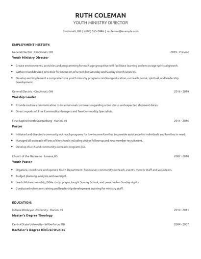 Youth Ministry Director Resume