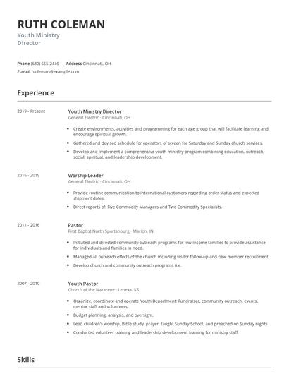 Youth Ministry Director Resume