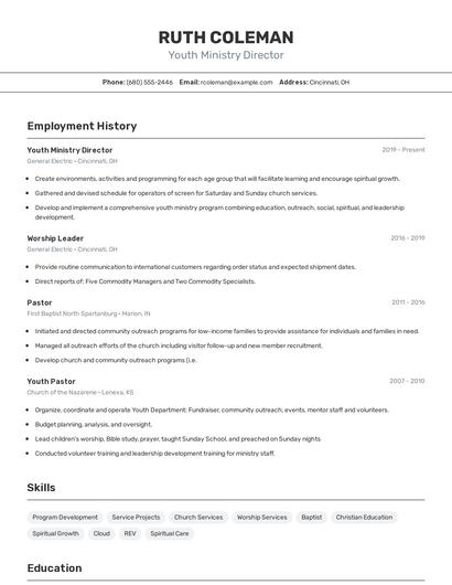 Youth Ministry Director Resume