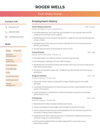 Youth Ministry Director Resume
