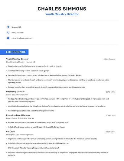 Youth Ministry Director Resume