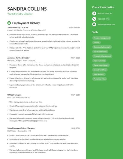 Youth Ministry Director Resume