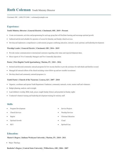 Youth Ministry Director Resume