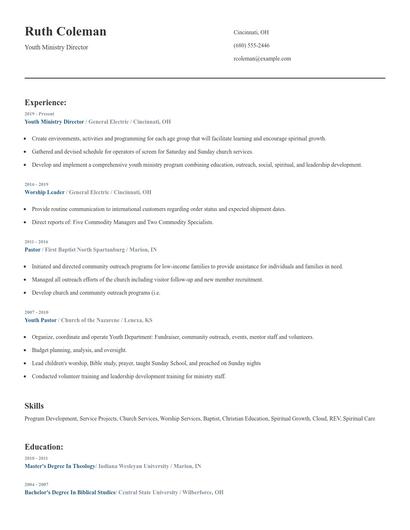 Youth Ministry Director Resume