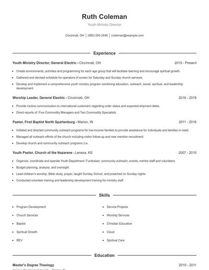 Youth Ministry Director Resume