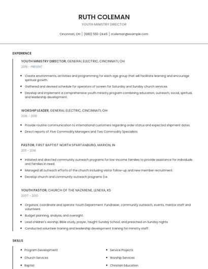 Youth Ministry Director Resume