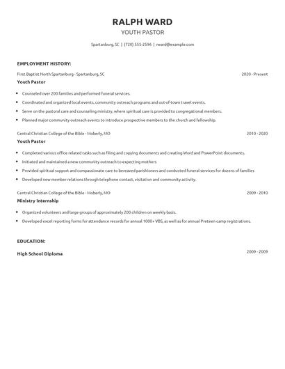 Youth Pastor Resume