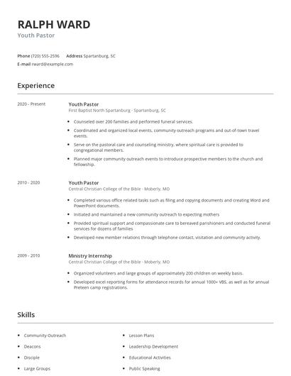 Youth Pastor Resume
