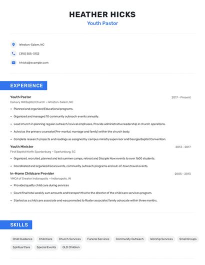 Youth Pastor Resume