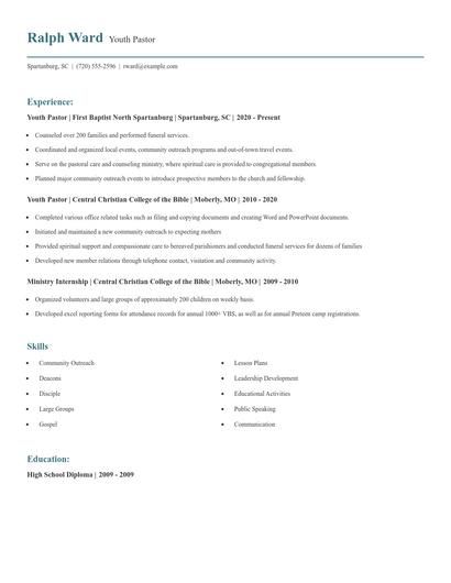 Youth Pastor Resume