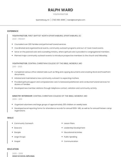 Youth Pastor Resume