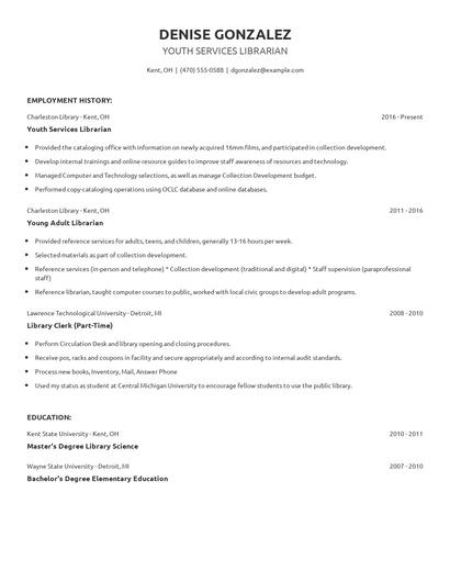 Youth Services Librarian Resume
