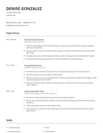 Youth Services Librarian Resume